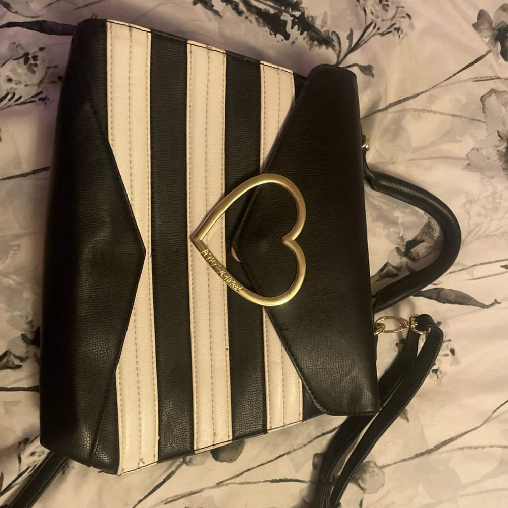 Black and White Striped Heart Accent Bag